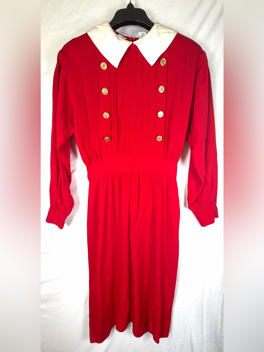 Vintage 80s Albert Nipon Red Secretary Dress Gold Buttons Size 4 Peter Pan